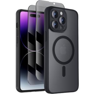 Symcele Designed for iPhone 14 Pro Case, Compatible with MagSafe, with Privacy Screen Protectors X2, [Camera Protection] [15FT Military Drop Protection] Shockproof Phone Case, 6.1", Black