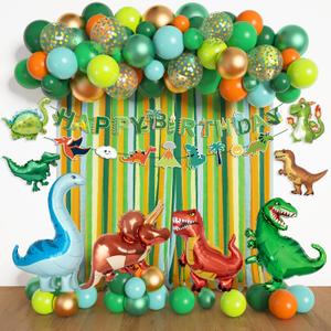 Dinosaur Birthday Party Decorations Supplies Happy Birthday Banner Crepe Paper Green Orange Blue Gold Dino Foil Balloons Garland Arch Kit for Jungle Safari Dinosaur Themed Baby Shower Party Boys Kids