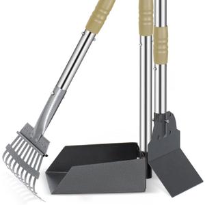 Heeyoo Dog Pooper Scooper, Dog Poop Tray and Rake Set, Pet Waste Removal Scoop with Long Adjustable Sectional Stainless Handles (Silver/Champagne)