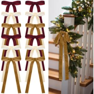 24 Pcs Velvet Bows for Christmas Tree Vintage Ribbon Bows for Crafts Garland Home Coquette Wedding Birthday Decor(9 x 13 InchWidth of 1",Burgundy,Khaki, Beige)