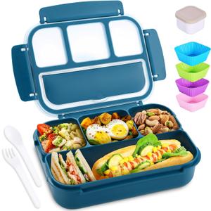 shell and turtle Bento Box Adult Lunch Box, Kids Lunch Containers for School with 4 Compartments, with Utensils, Sauce Jar, Muffin Liners, Microwave Safe, Navy (1200ML)