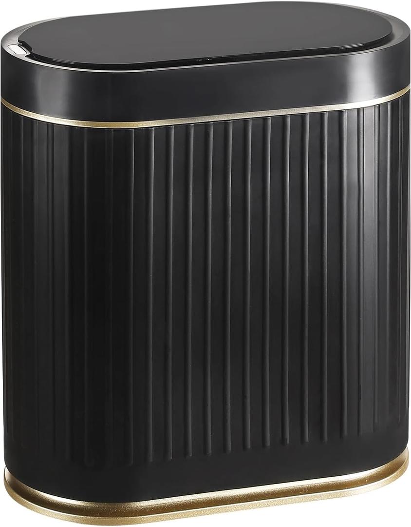 ELPHECO Bathroom Trash Can 2 Gallon Plastic Smart Garbage Can Waterproof Wastebasket Bathroom Decor Narrow Garbage Bin with Automatic lid for Bedroom, Kitchen, Office, Black Gold