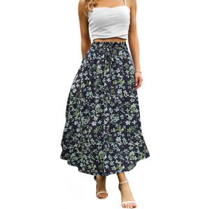 Abaadlw Maxi Skirts for Women with Pockets Long Midi Length Casual Skirt for Beach Party Holiday (Small, Floral Black Green)