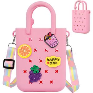 Oudizz Mini Rubber Tote Bag, Silicone Beach Tote for Little Girl & Woman, Cute Bag with 20 Charms & Adjustable Shoulder Strap (Pink)