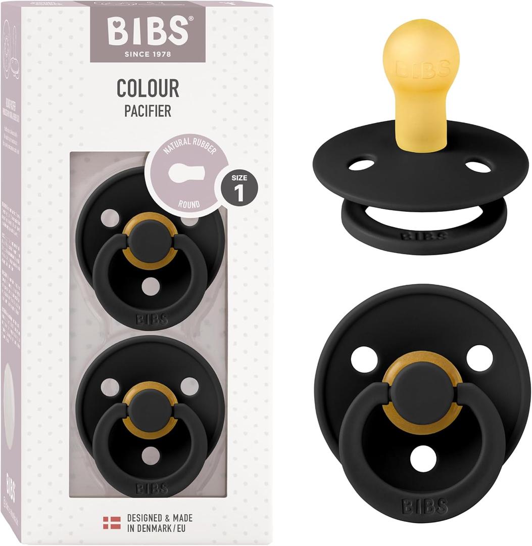 Bibs Pacifiers Color Collection, Set of 2 BPA-Free Latex Pacifiers Made in Europe, Round Nipple Baby Pacifier. (0+ Month (Pack of 2), Black)