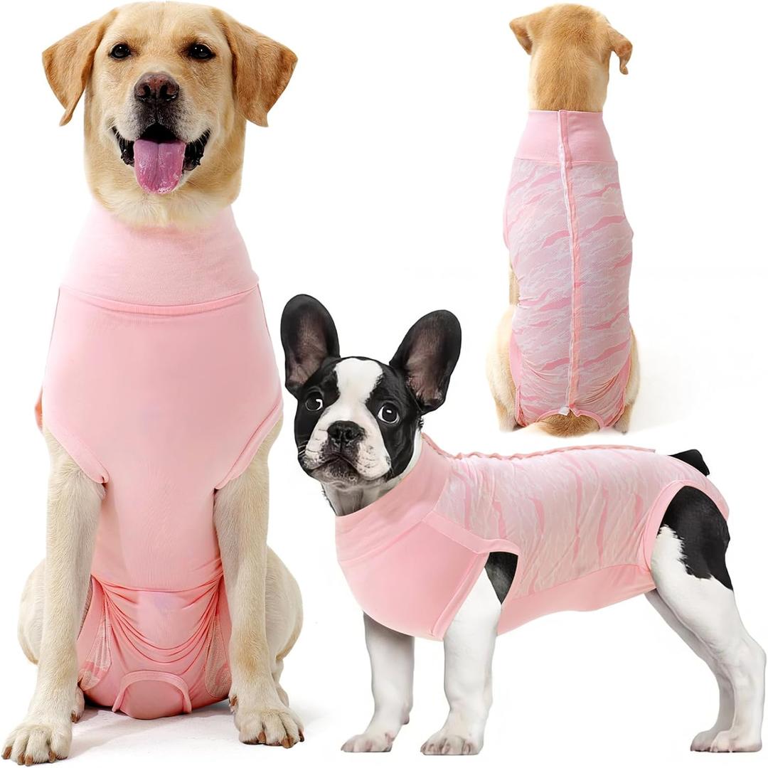 Dotoner Dog Surgery Recovery Suit Dog Suit for Male Female Neuter Anti-Lick Abdominal Wounds Bite Protective Outfit Alternative E-Collar & Cone Breathable Spay Suit for Medium Large Dogs (Pink), Large