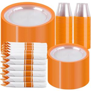 I00000 350 Pcs Clear Orange Plates for 50 Guests, Orange Disposable Plates Set Include 10" Dinner Plate, 7" Dessert Plate, 50 Cups, 50 Pre Rolled Napkins with Cutlery Set for Party and Wedding