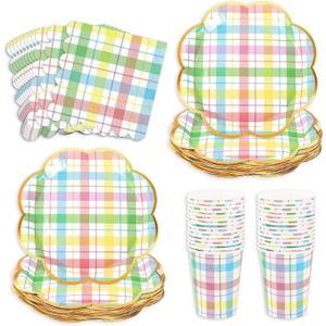 Whaline 72Pcs Easter Spring Party Supplies Pastel Plaid Disposable Dinnerware Set Colorful Checkered Scalloped Paper Napkins Plates Cups for 24 Guests Tableware Decor