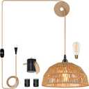 Plug in Pendant Light, Hanging Lights with 15ft Golden Cotton Cord & Stepless Dimming Switch, Handwoven Hemp Rope Lampshade, Boho Hanging Lamp for Kitchen, Hallway (Bulb & 2 Swag Hooks Included)
