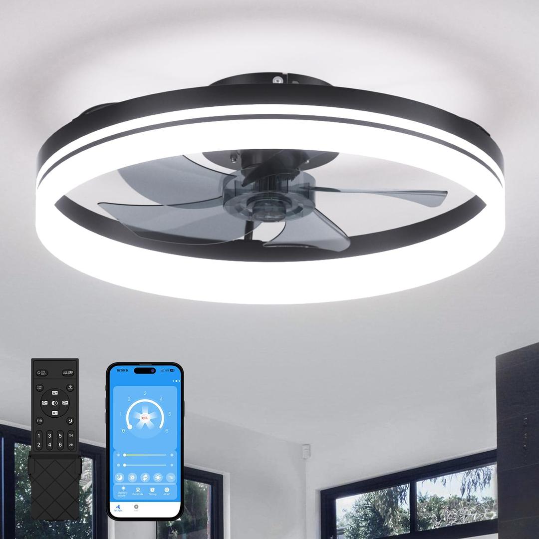 Ceiling Fans with Lights and Remote/APP Control, 19.7in Low Profile Ceiling Fans with Light, Smart Flush Mount Ceiling Fan 6 Wind Speeds, 3000K-6500K Dimmable LED Ceiling Fan Light for Bedroom, Black