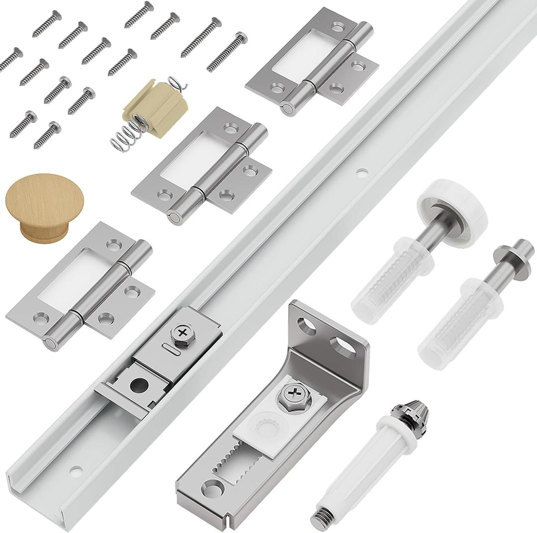 Closet Bifold Door Hardware & 36 Inch Track, 3 ft Bi Folding Door Rail Kit | Complete kit: track, bracket, pivot, wheel, hinge, screw. Pivot-press to install. Gap adjustable. Rust-proof, Smooth & silent
