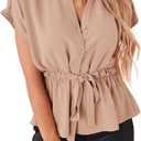 Womens Button Down Blouses Casual Peplum Summer Tops Dressy Chiffon Work Blouse (Beige, L)