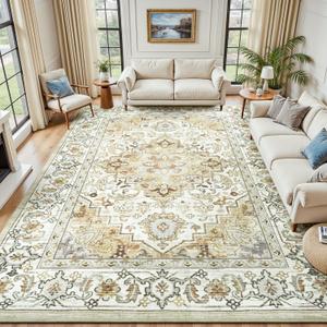 Lessymo 8 x 10 Area Rugs for Living Room, Machine Washable Area Rugs Boho Faux Wool Low Pile Area Rug for Bedroom, Floral Medallion Vintage Rugs with Non-Slip Rubber, Kid & Pet Friendly,Beige