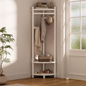 Wooden Corner Coat Rack with Clothes Rod, 4 Hooks Corner Hall Tree with Storage Shelves for Bedroom Entryway (White)