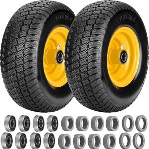 11x4.00-5 Lawn Mower Tires Flat Free, Zero Turn Mower Front Tires, 11x4-5 Solid Lawn Tractor Wheel with Rims, 3/4" or 5/8" & 1/2" Precision Bearings, 3.4"-3.9"-4.9"-5.9" Center Hub (2 Pack Yellow)