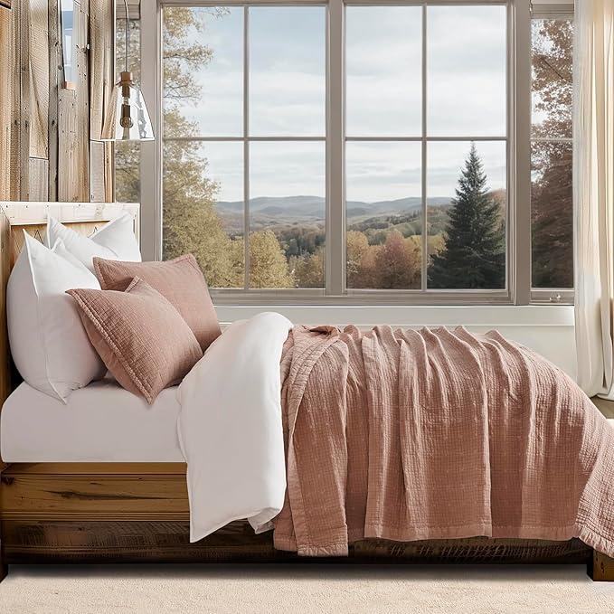 EVERGRACEHOME Stonewashed Cotton Quilt Set Full Queen Size, Ultra Soft Oversized Bedspread Coverlet Set, Lightweight Crinkle Box Stitch Bedding Sets for All Season, with 2 Shams, Terracotta Clay