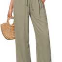 GRAPENT Linen Pants for Women Wide Leg High Waisted Baggy Drawstring Elastic Waist Palazzo Trousers Pants with Pockets Size L