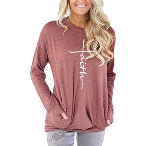 ZILIN Women's Casual Letter Print Crewneck T-Shirt Long Sleeve Tunic Tops Sweatshirt with Pockets Red, XX-Large