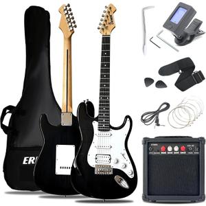 Ermik Soild Body Electric Guitar Kit with Amp 20W, Strings, Strap, Digital Tuner, Picks, Gig Bag, Cable, Tremolo Bar, 39" Full Size Guitar HSS Pickups Guitarra Electrica Beginner Gift - Black