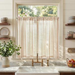 jinchan Linen Kitchen Curtains Striped Tier Curtains 36 Inch Farmhouse Small Drapes Balanced Stripe Half Window Light Filtering for Bathroom Laundry 2 Panels Tan on Linen