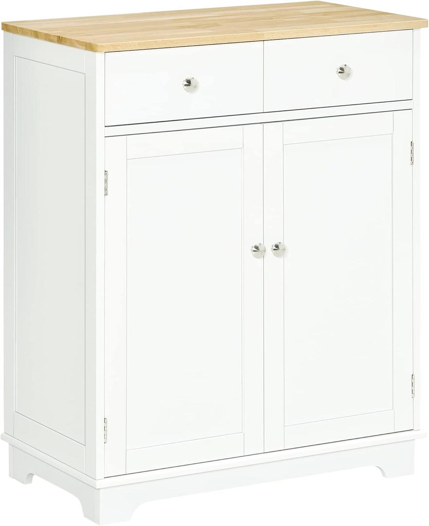 HOMCOM Sideboard with Solid Wood Countertop, Modern Kitchen Storage Cabinet, Coffee Bar Cabinet with 2 Drawers, Doors and Adjustable Shelf, White (26.75" x 15.75" x 33.5")