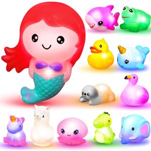 JOYIN 12 PCS Light Up Bath Toys, Toddler Flashing Colourful LED Bathtub Mermaid Toy, Baby Bathtime Floating Rubber Shower Gifts for Infant Kids Girls Valentines Easter Basket Stuffers Pool Party Favor