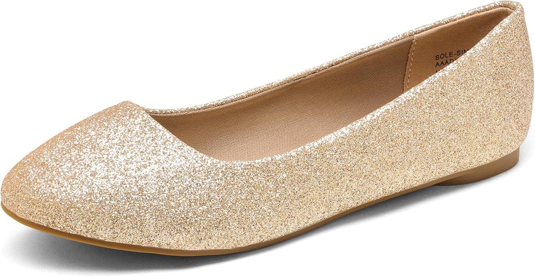 DREAM PAIRS Women's Sole-Simple Wide Width Flats, Ballerina Walking Flats, Comfortable Slip on Shoes (5.5, Gold/Glitter)
