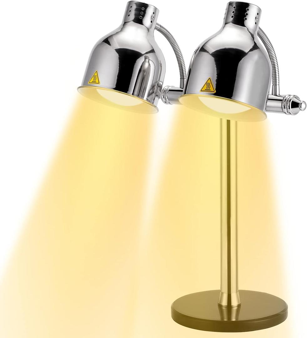 Commercial Dual Head Food Heat Lamp Adjustable Stainless Steel Head with Marble Base 2 Heating Bulbs for Food Heating Warmer Light Lamp for Food Service Heat Lamp