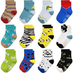 Non Slip Toddler Socks with Grip Boys Girls 12 Pairs Anti Skid Crew Socks Baby Kids Children Cartoon Pattern (5-7 Years, 02 Zebra)