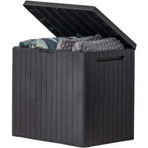 Keter City 30 Gallon Resin Outdoor Storage Box and Patio Storage Box Side Table for Pool and Garden Accessories, Dark Grey