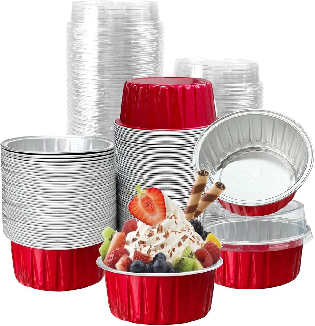 100Pcs Aluminum Cups with Lids,5oz Disposable Ramekin Baking Cups Muffin Liners Mini Pie Pans Foil Cupcake Containers for Christmas Party Wedding Party, Red