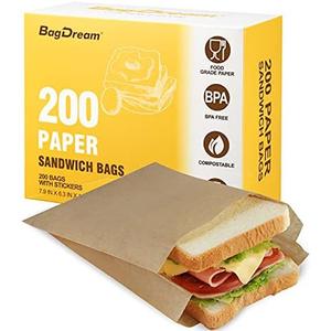 BagDream Paper Sandwich Bags 7.9x6.3x1.96" 200ct Recyclable Kitchens Paper Sack Sandwich Bags, Sealable with Thank You Stickers, Unbleached Natural Kraft Paper Bags