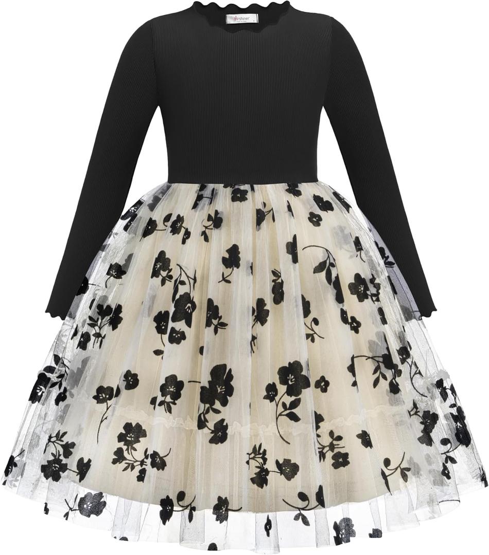 Arshiner Girls Long Sleeve Dress Casual Knee Length Dresses Black Flowers Party Tulle Kids Outfits 5-6Y