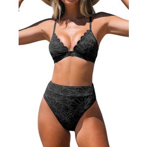 CUPSHE Bikini Set for Women Bathing Suit High Waisted Scalloped V Neck Two Pieces Swimsuit (Medium, Black)