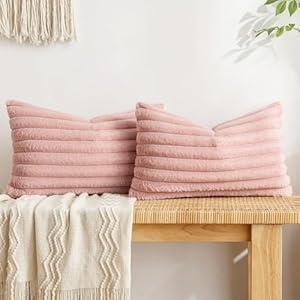 MIULEE Faux Fur Plush Decorative Throw Pillow Covers Set of 2 Luxury Soft Fluffy Striped Pillowcases Cushion for Sofa Couch Bed Living Room Christmas Green 12x20 Inch