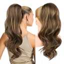 REECHO Ponytail Extension, Drawstring Ponytail Extension Long Wavy Layered Pony Tails Hair Extensions 22inch Natural Clip in Synthetic Hairpiece for Women, Chocolate Brown with Highlights