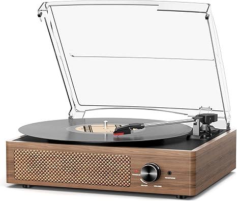 Record Player for Vinyl with 2 Build-in Speakers LP Vinyl Players Belt-Driven Vintage Turntables 3 Speed 3 Size, Wireless Bluetooth Playback, AUX-in,RCA Out, Headphone, Auto Stop Wood