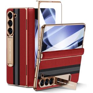 for Samsung Galaxy Z Fold 5 Phone Case [Luxury Premier Genuine Leather] [Full Body Hinge Protection] [Built-in Screen Protector] [Kickstand Slim Protective Cover] for Galaxy ZFold 5 (Red)