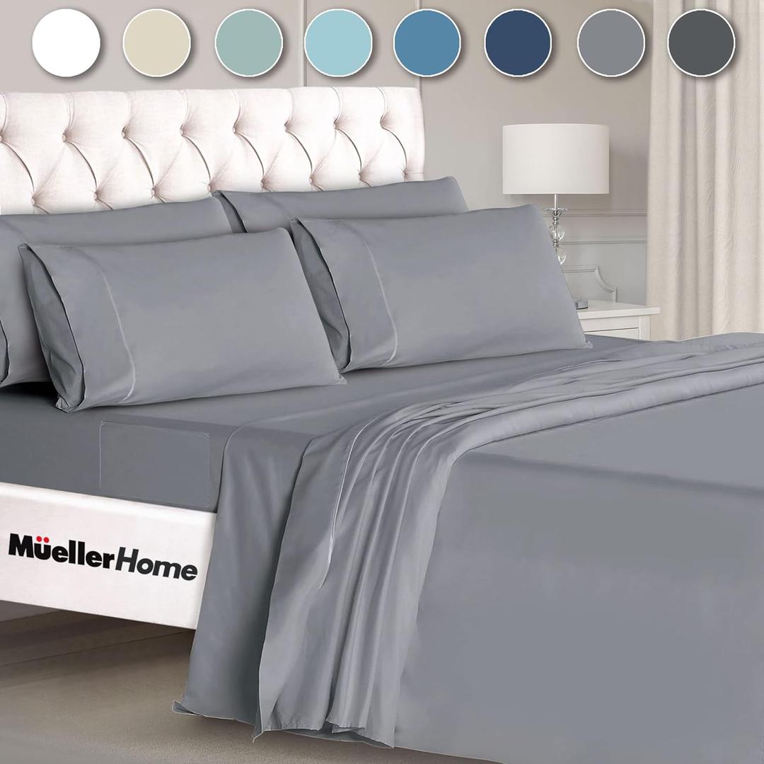 Mueller Luxury 6 Piece Queen Sheet Set - Ultra-Soft 1800 Series, Cooling & Breathable Hotel Quality Bed Sheets, Deep Pocket up to 16" - Hypoallergenic, Wrinkle-Resistant, Oeko-TEX, Light Gray
