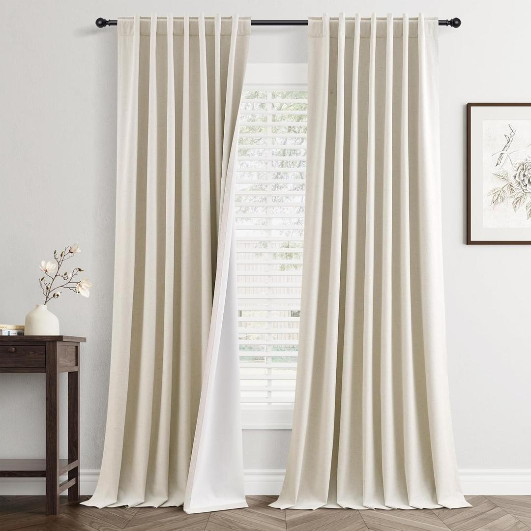 Beige Cream Linen Blackout Curtains 96 Inch Length 2 Panels Set for Living Room Bedroom Thermal Noise Reduction 100% Black Out Linen Drapes Room Darkening Window Curtains 96 Inches Long Back Tab, 52"W x 96"L