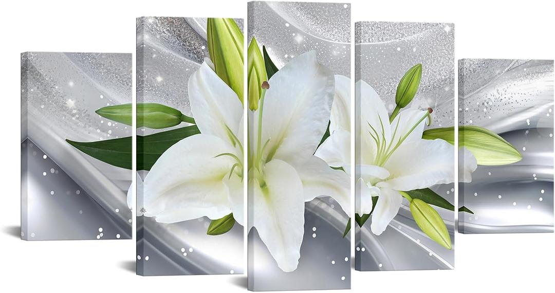 iKNOW FOTO Large 5 Pieces Canvas Wall Art Print Floral Lily Design 60x32 Framed Stretched Artwork Modern Contemporary Flower Painting Home Decor Canvas Prints for Living Room, Bedroom, Office