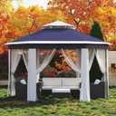 Garvee Pop Up Gazebo Screen Tent,Hexagonal Instant Gazebo Tent with Mosquito Netting Outdoor Canopy,6 Sided Sun Shelter 13x13ft with Mesh Netting,Pavilion Tents for Patio,Blue+Beige
