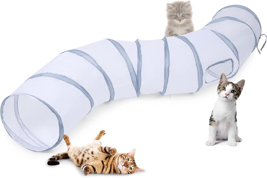 Sheldamy Cat Tunnel, S-2-Way Cat Tunnels for Indoor Cats, Collapsible Cat Play Tunnel, Interactive Toy Maze Cat House with 1 Play Ball for Cats, Puppy, Kitty, Kitten, Rabbit (White & Gray)