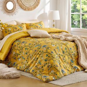 MUSSEL Bedding King Size Comforter Set 3 Pieces,Yellow Vintage Botanical Floral Pattern Bed Comforter Sets,Boho Whimsical Modern Printed Design Cute Seersucker Bedroom Comforter and Shams