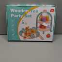 Wooden Tea Party Set for Little Girls, Toddler Tea Set with Cupcake Stand & Food Dessert, Pretend Play Food Kitchen Accessories for Kids Girls Age 2 3 4 5 6 Birthday Gift Wood Educational Toys