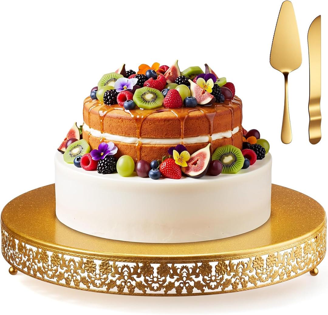 Wenqik 20 Inch Gold Cake Stand Set Metal Round Cupcake Dessert Stand with Cake Cutting, Flower Spatula Wedding Cupcake Pastry Display Candy Holder Display for Wedding Party Birthday Baby Shower
