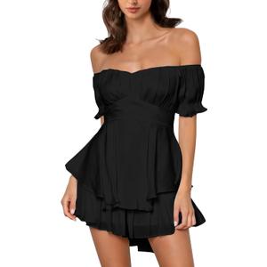 Off the Shoulder Rompers for Women Dressy Short/Long Sleeve Romper Ruffle Layer Back Tie Mini Short Jumpsuits (Large)