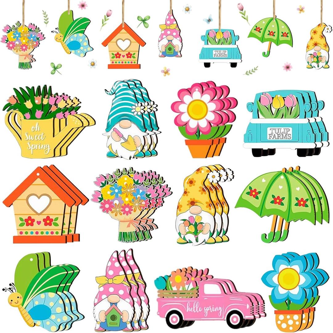 Spring Flower Wooden Ornaments: 36 Pcs Spring Tree Ornament Flower Gnome Hanging Wood Decorations for Party Home Tree Decor