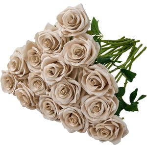 15pcs Fake Roses Artificial Silk Flowers Nude Faux Rose Flower Long Stems Bouquet for Arrangement Wedding Centerpiece Party Home Kitchen Decor 