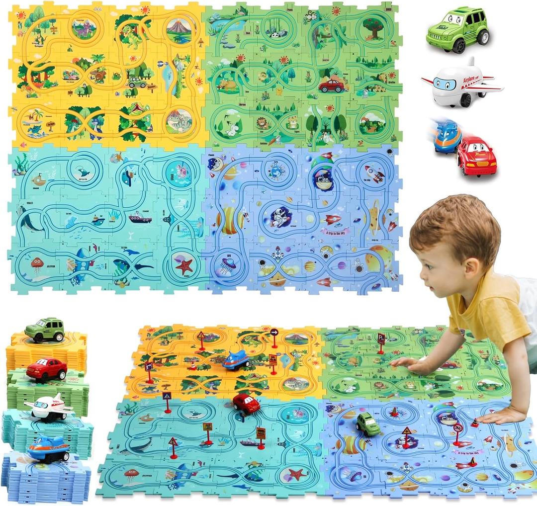Puzzle Racer Kids Car Track Set Puzzle Racer Car Track Set with Roadmap Puzzle Track Car Play Set Toy for Kids 3-8 Years Old(100Pcs, 4 Stytle)